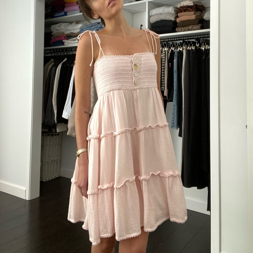 She Made Me Liv Crochet Tiered Mini Babydoll Dress in Petal